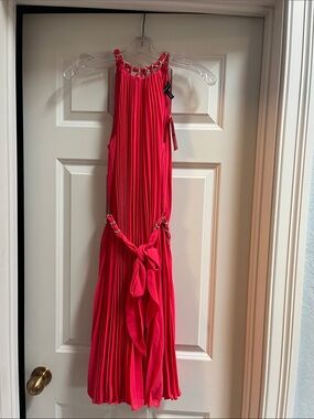 White House Black Market pinkish/red Pleated Midi Dress with Chain Details
